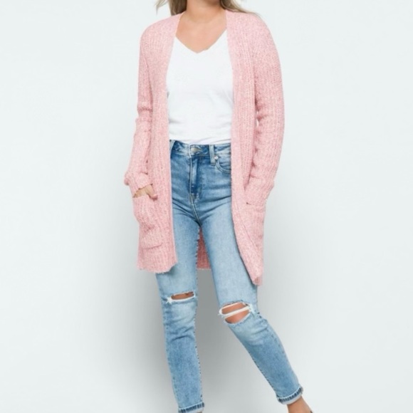 bp Sweaters - BP. Coral Color Open Ribbed Cardigan, Front Slouch Pockets, 100% Cotton, Size Lg